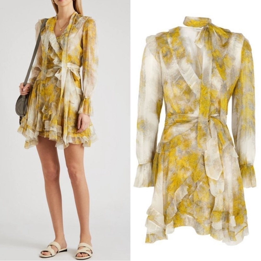 Zimmermann Botanica Long Sleeve Yellow Silk
Frill Wrap Mini Dress